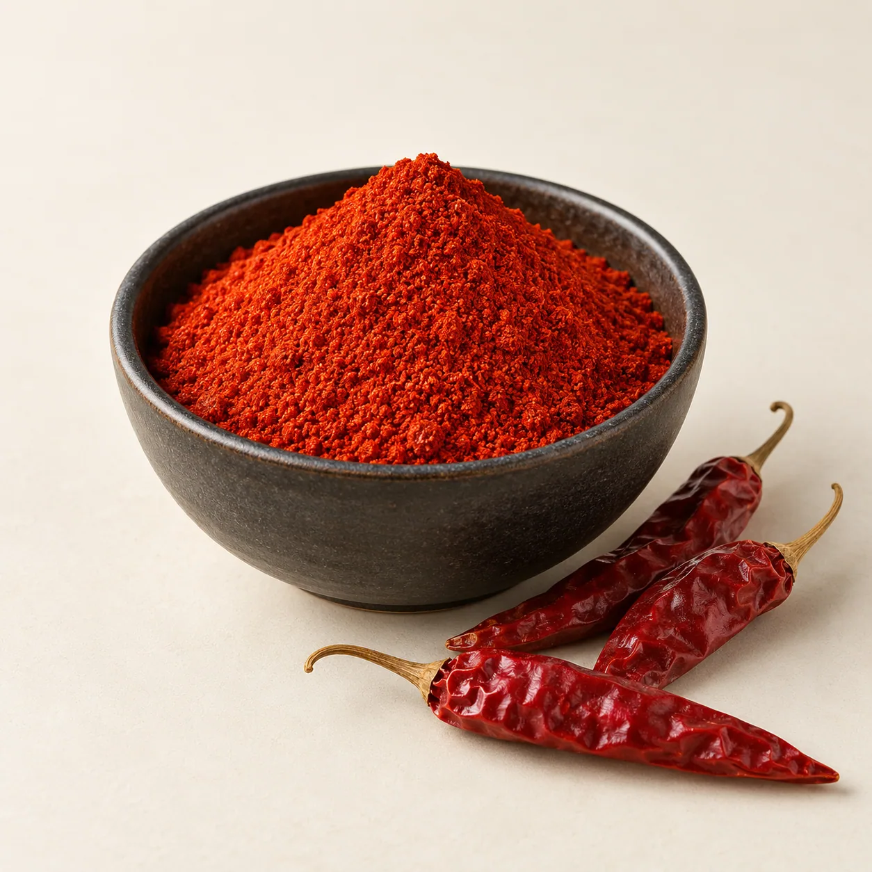 Illustrative sample of red chilli powder in a dark bowl with dried red chillies