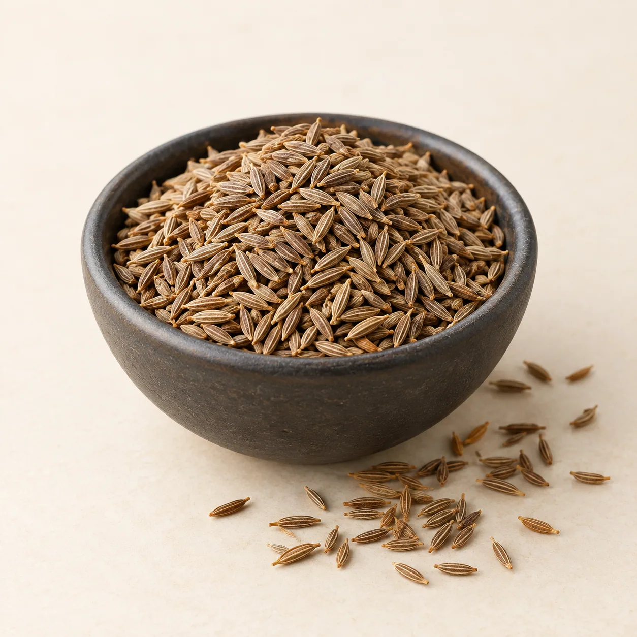 Illustrative sample of whole cumin seeds in a dark bowl