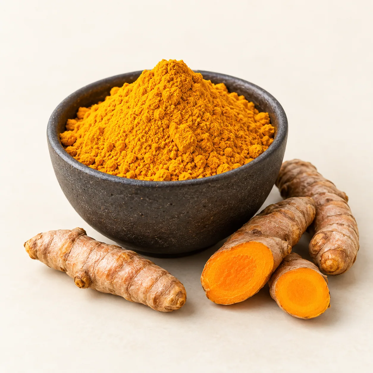 Illustrative sample of turmeric powder in a dark bowl with turmeric roots